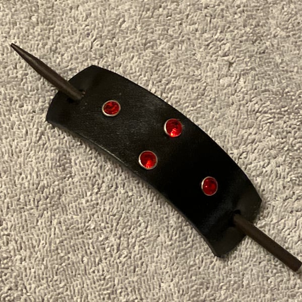 Dyed Black Leather Hair Stick Barrette - 4 Red Gemstones - FREE SHIPPING