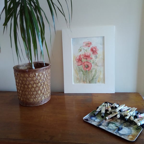 Red poppies in Norfolk original watercolour painting