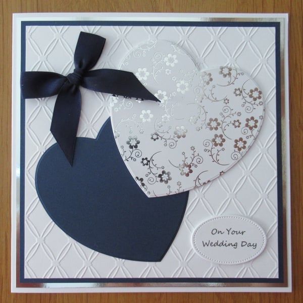 7x7" Luxury Two Hearts - Wedding Card - Navy