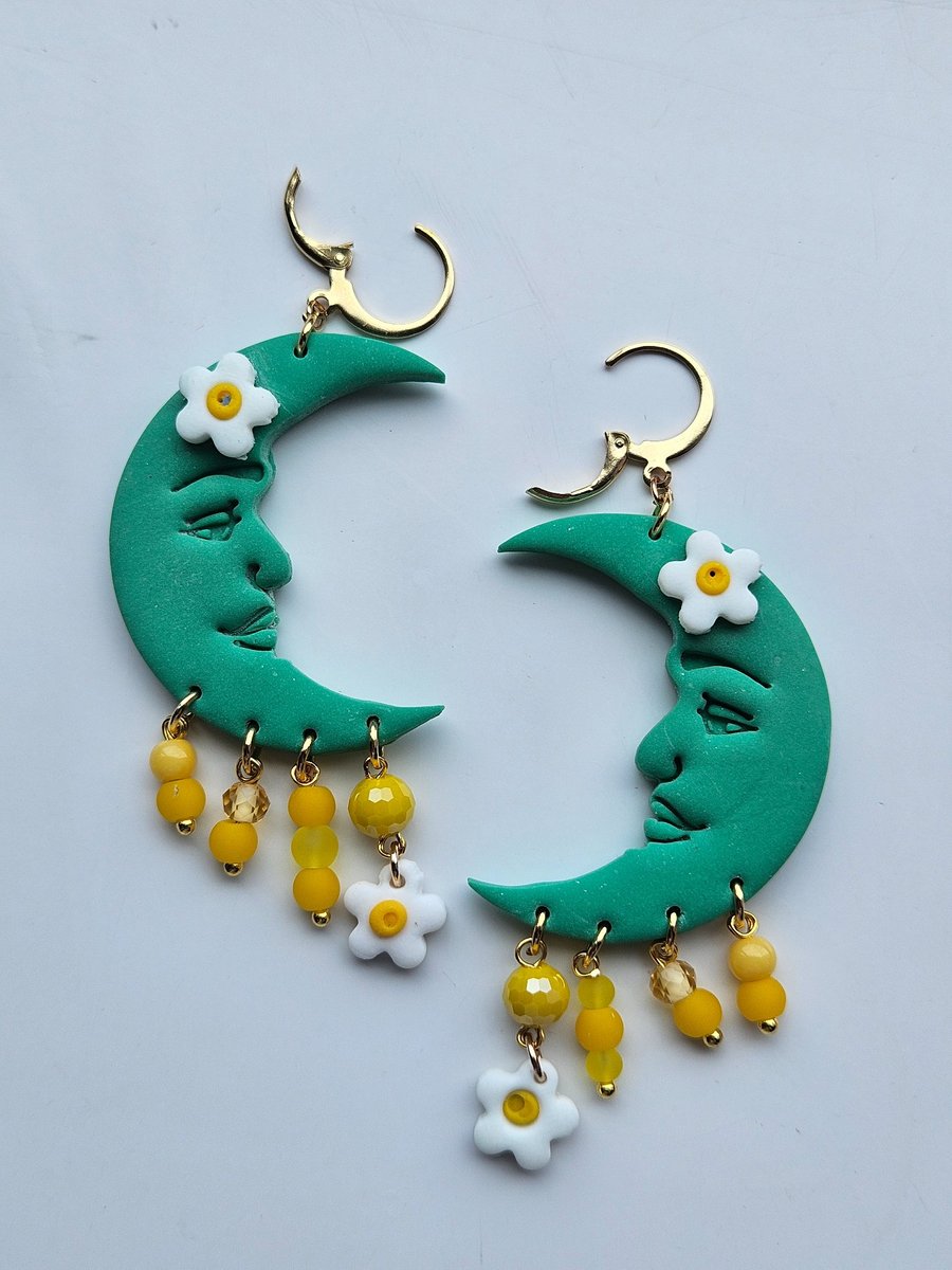 Green Daisy Whimsical Moon Earrings 