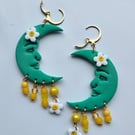 Green Daisy Whimsical Moon Earrings 