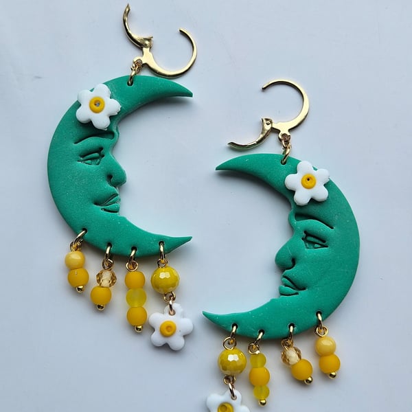 Green Daisy Whimsical Moon Earrings 