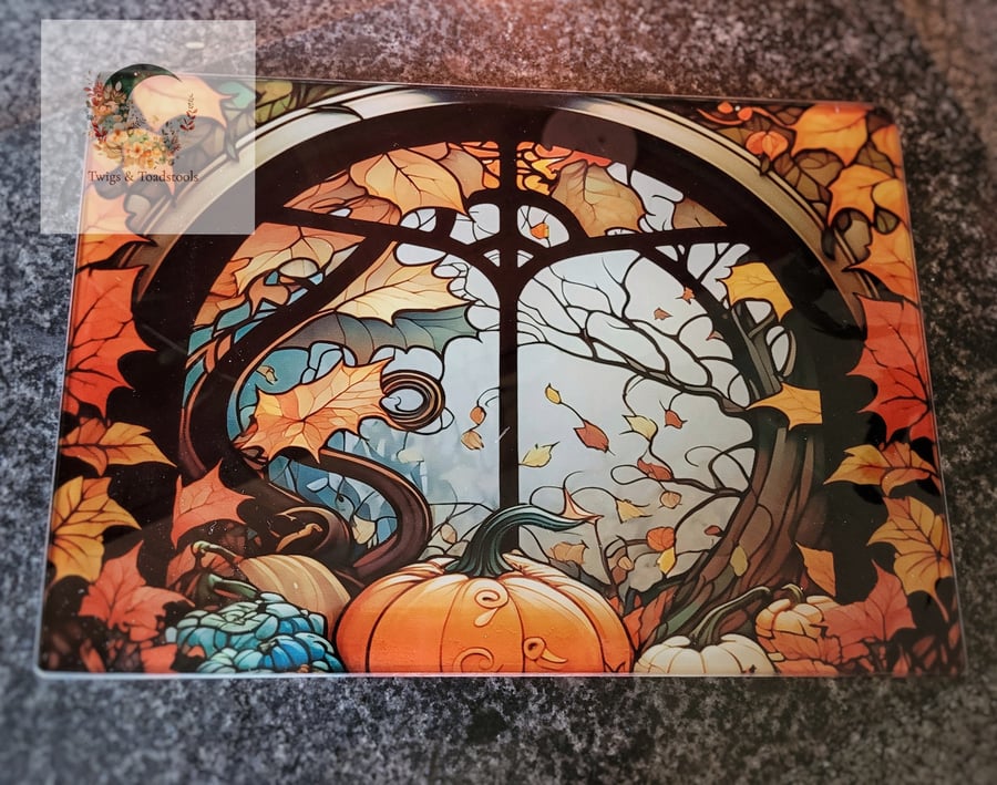 Autumn pumpkin stained glass design chopping board 