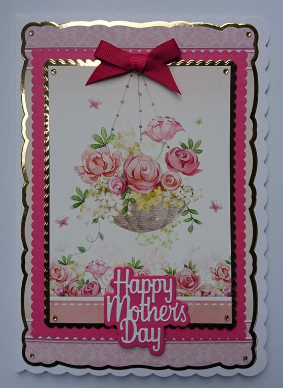 3D Luxury Handmade Card Happy Mother's Day Hanging Basket of Pink Roses
