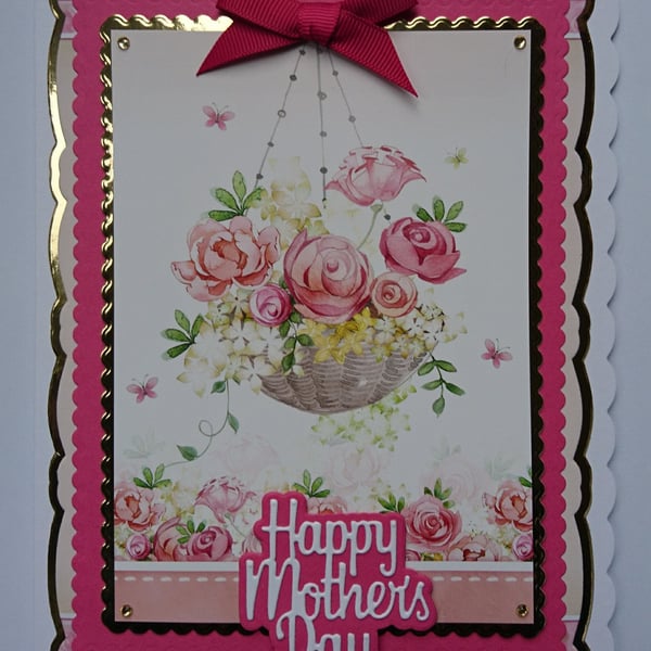 3D Luxury Handmade Card Happy Mother's Day Hanging Basket of Pink Roses