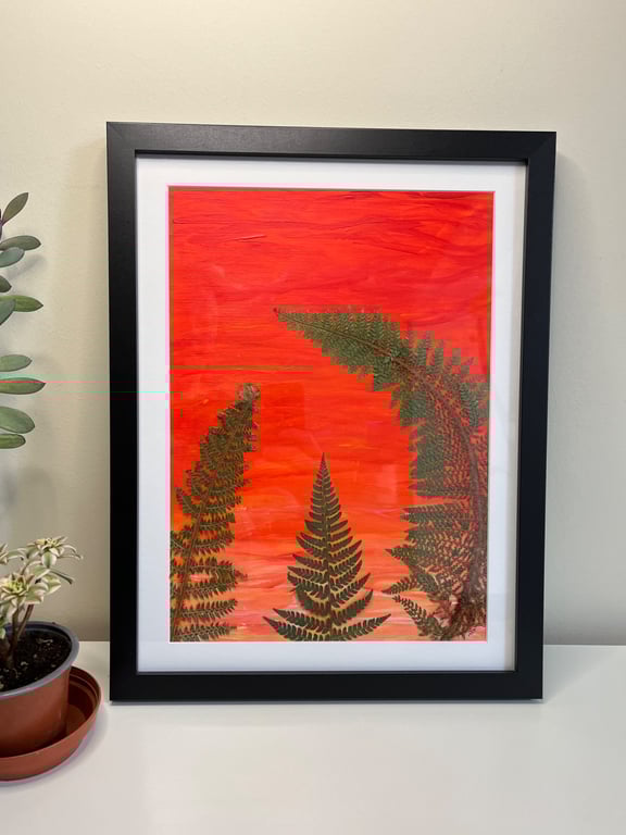 Original Mixed Media Acrylic Painting, 'Sunrise and Ferns', Pressed Ferns 