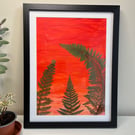 Original Mixed Media Acrylic Painting, 'Sunrise and Ferns', Pressed Ferns 