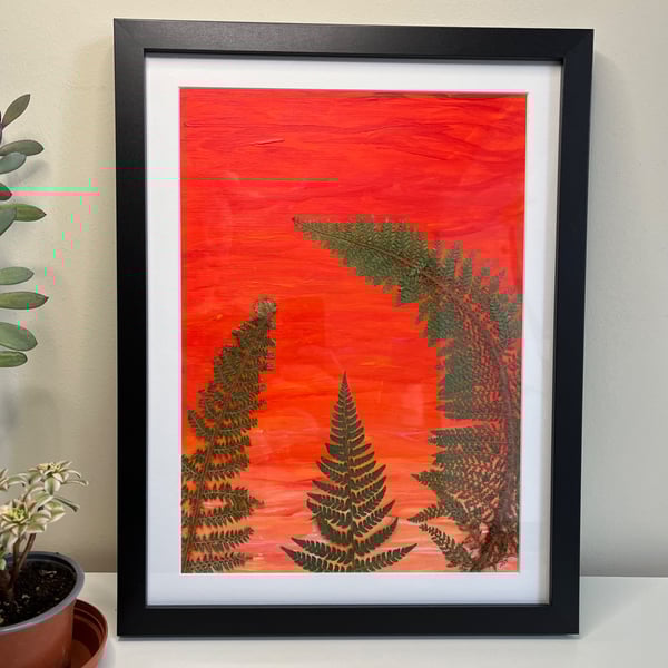 Original Mixed Media Acrylic Painting, 'Sunrise and Ferns', Pressed Ferns 