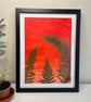 Original Mixed Media Acrylic Painting, 'Sunrise and Ferns', Pressed Ferns 