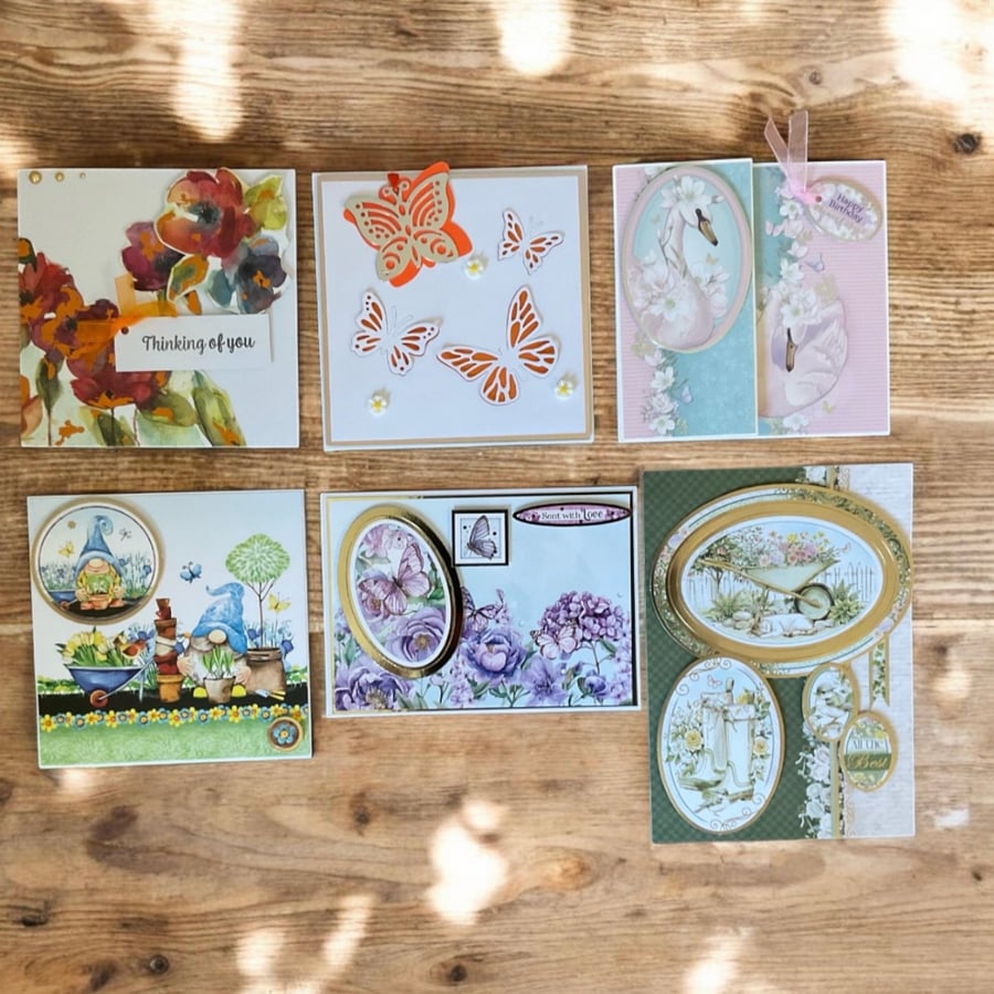 6 Handmade Greeting Card Set – Assorted Decoupage & Mixed Media Destash Cards