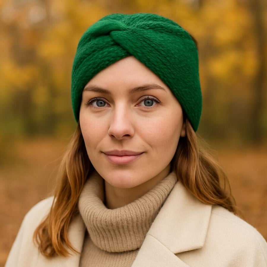 Hand knitted twisted headband turban style emerald green