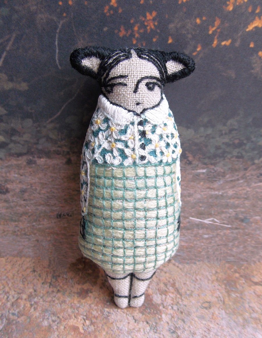 Gorse Fae - A Miniature Hand Embroidered Textile Art Doll, Eco-friendly - 7.5cms