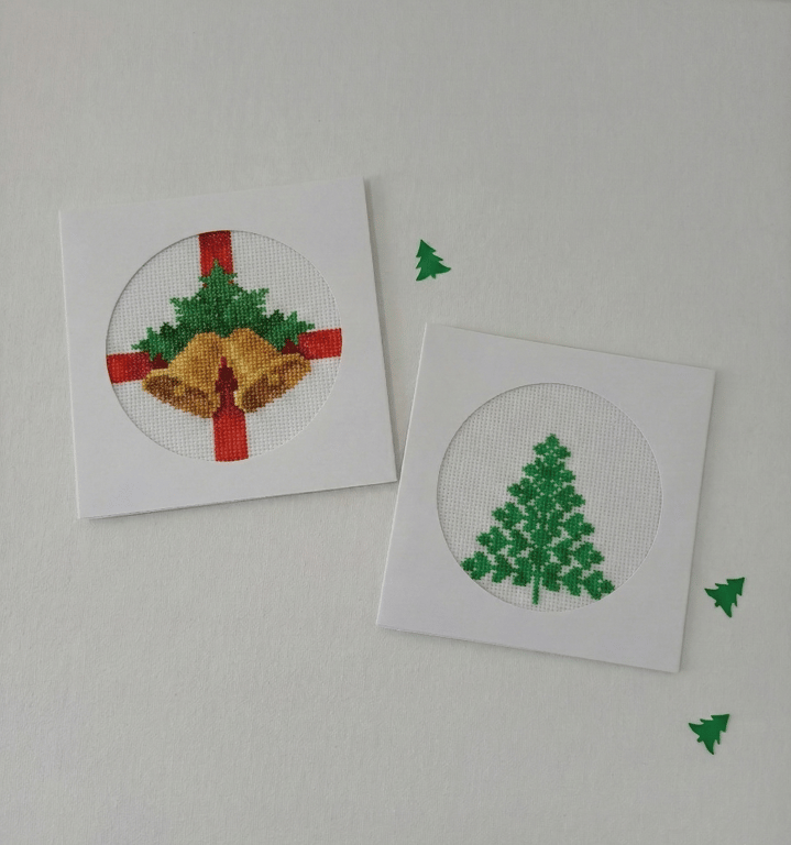 Cross Stitch Christmas Card Duo – Handmade Embroidered Bells and Tree 