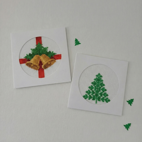 Cross Stitch Christmas Card Duo – Handmade Embroidered Bells and Tree 