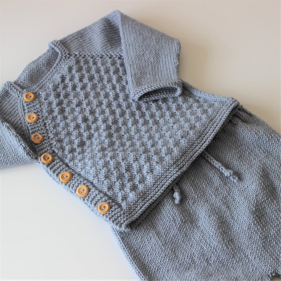 Hand knitted Baby Boy's blue jumper and shorts set to fit up to 9 months approx