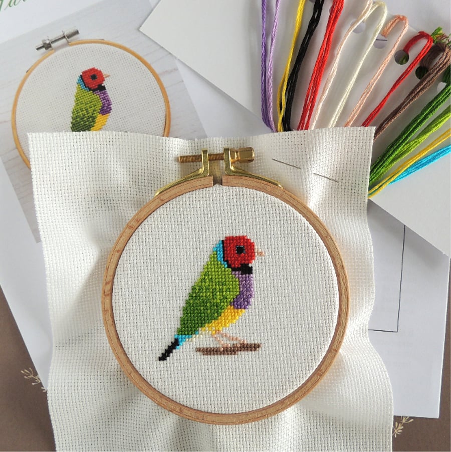 Gouldian Finch Rainbow Finch cross stitch kit Folksy