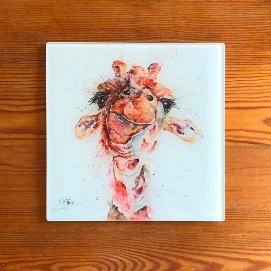 Gerald Giraffe Watercolour on a 20cm Square Glass Trivet, 