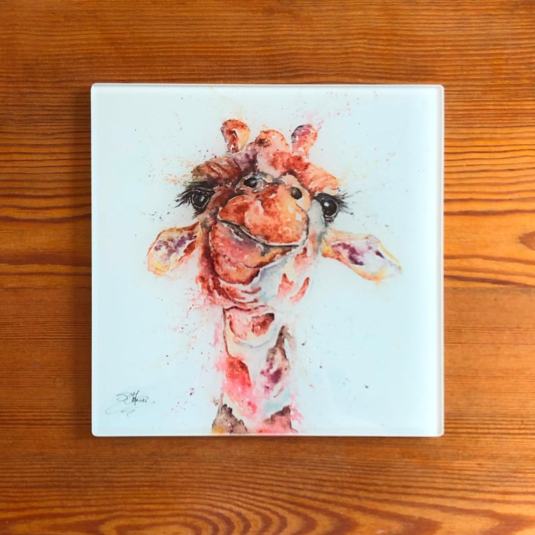 Gerald Giraffe Watercolour on a 20cm Square Glass Trivet, 