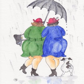 Best Friends walking the Dog together in the rain. Original Painting
