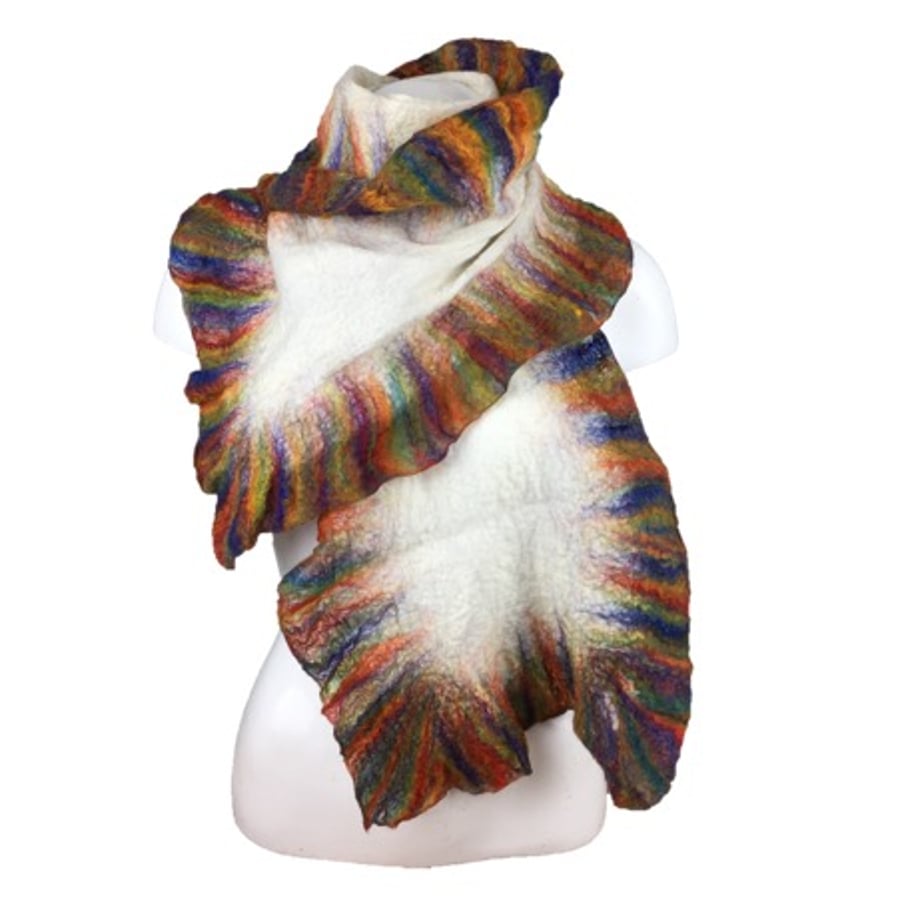 Merino wool long scarf nuno felted on silk chiffon, white with rainbow border