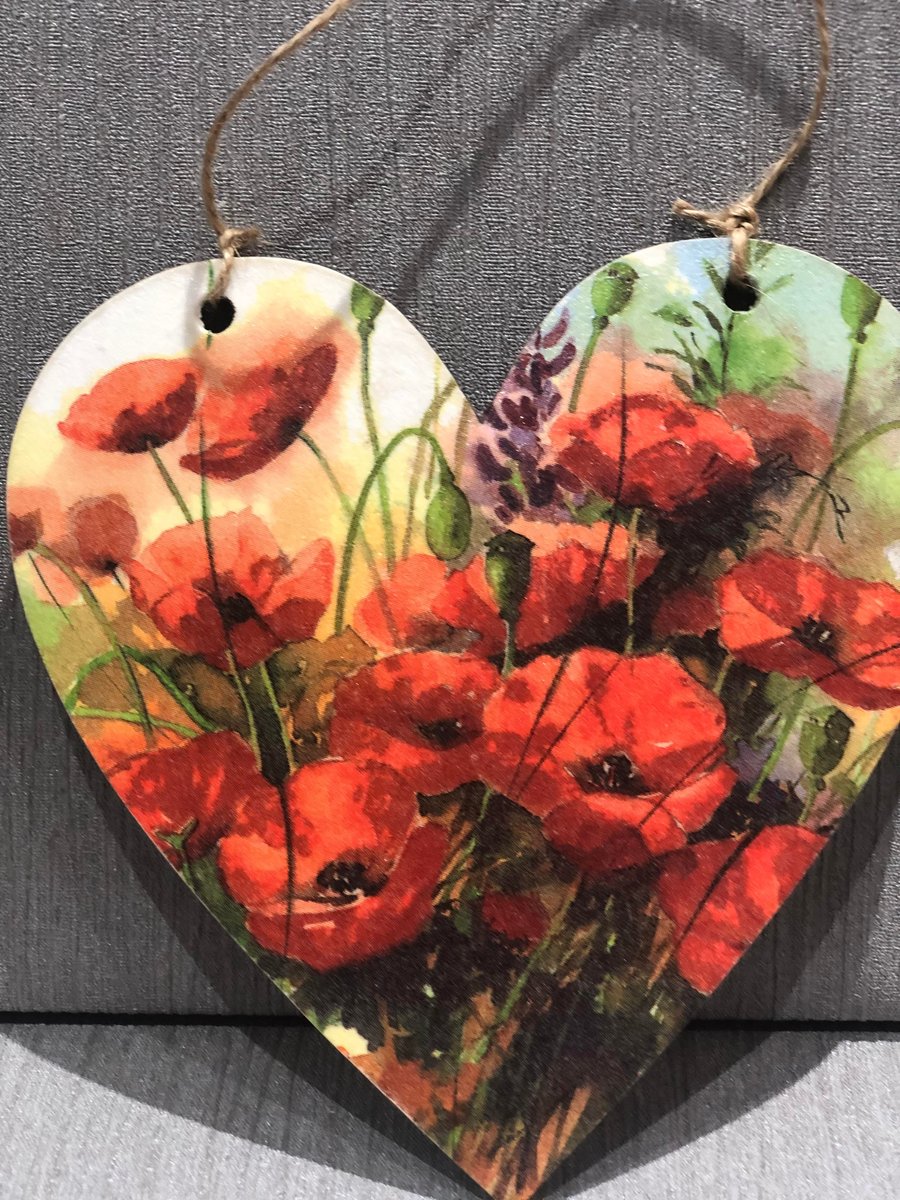 Poppy flowers Ornament - Meadow - Wooden Heart - Decoupage - 15cm - Wall Decor