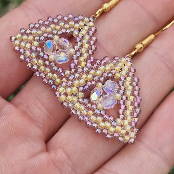 Gold and pale yellow shimmering gem triangular geometric earrings