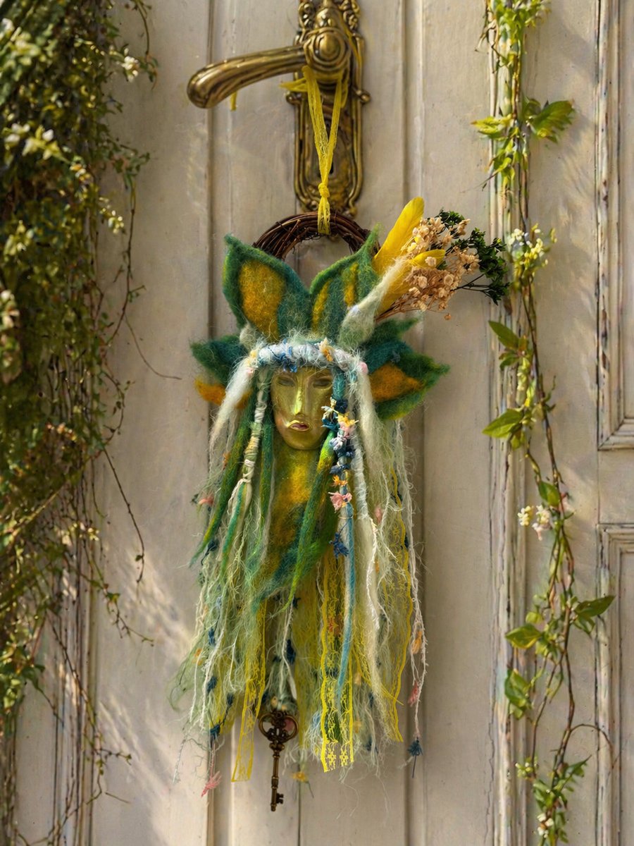 Handmade Green Spirit Doll – Woodland Guardian Totem – Boho Fiber Art Hanging – 