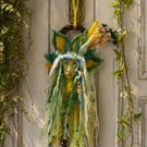 Handmade Green Spirit Doll – Woodland Guardian Totem – Boho Fiber Art Hanging – 