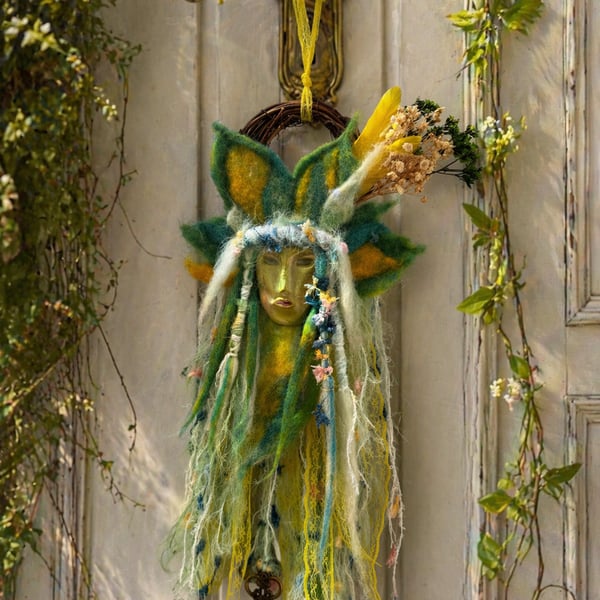 Handmade Green Spirit Doll – Woodland Guardian Totem – Boho Fiber Art Hanging – 