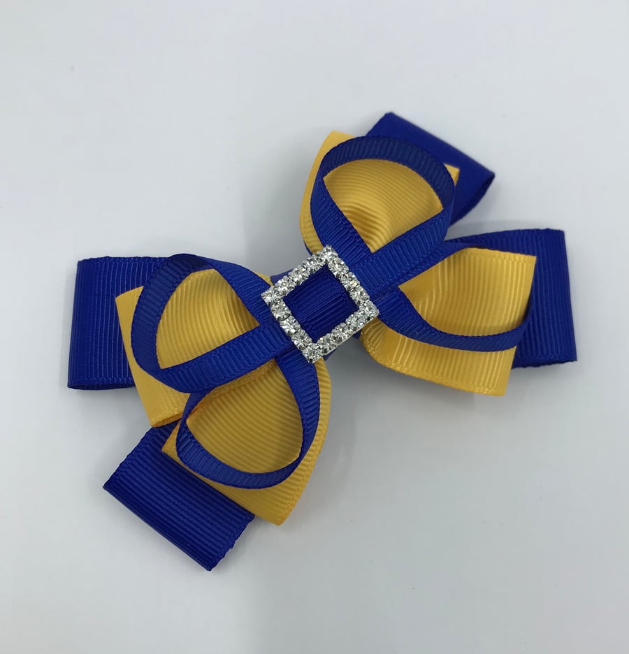 School Cobalt Blue and Yellow Gold Layer Bow with Cobalt Blue Loops on Clip