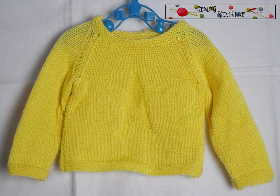 Hand Knitted Baby Sweater Star Yellow 100% Acrylic 3-6 months 18"