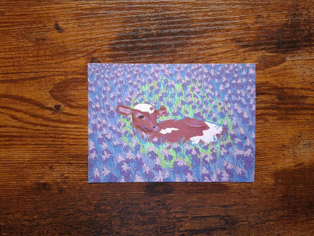 A6 Postcard of a Sweet Cow in a Purple Flower Field