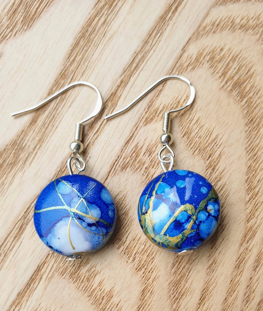 Blue and Gold Bead Drop Earrings on 925 Silver-Plated Ear Wires
