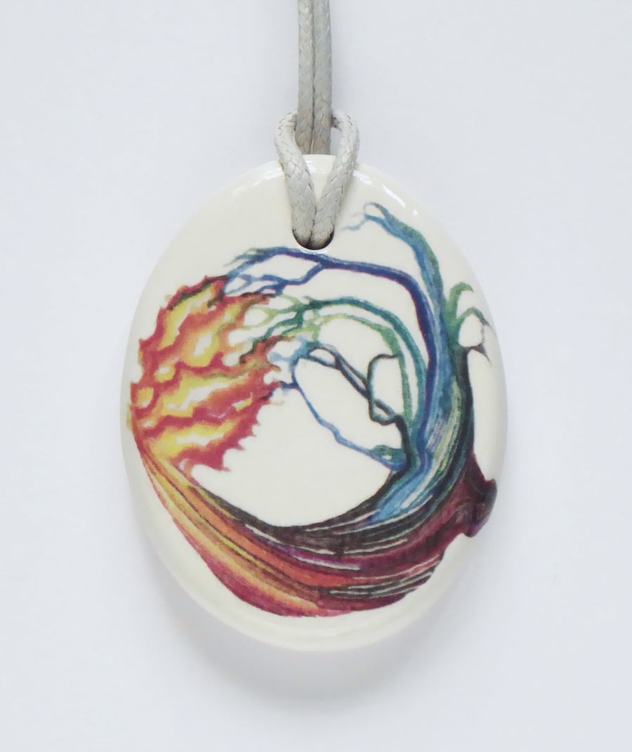 Fire and Water Elements Design Ceramic Pendant on Grey Cord with Lobster Clasp