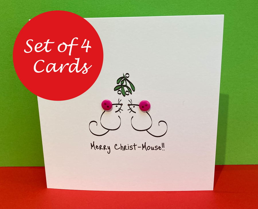 Set of 4 Christmas Cards - Merry Christ...mouse!