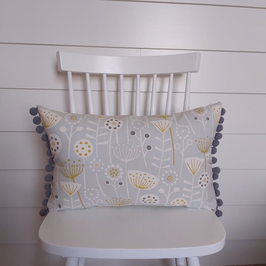 Grey and Mustard Seedheads  Cushion Cover with Grey Pom Poms