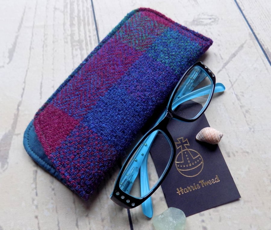 Harris Tweed eyeglasses case in dark teal, burgundy and deep purple check weave