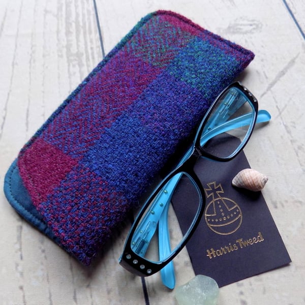 Harris Tweed eyeglasses case in dark teal, burgundy and deep purple check weave