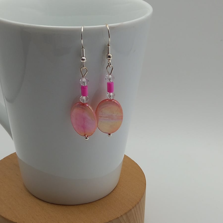 Oval shell earrings and pink shell beads
