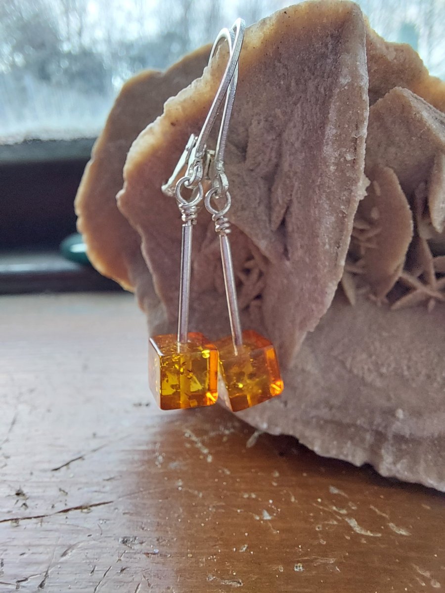Baltic Amber Cognac Cube and Sterling Silver Earrings