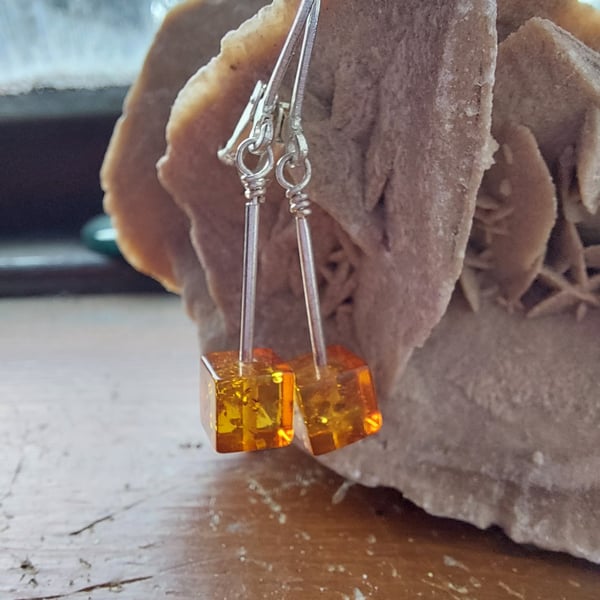 Baltic Amber Cognac Cube and Sterling Silver Earrings