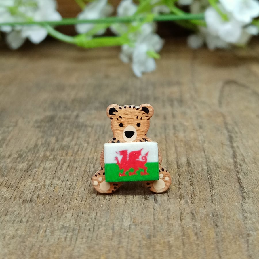 Tiny Wales Flag Bear Pin, Handmade Tiny Wooden St David's Day Teddy Badge