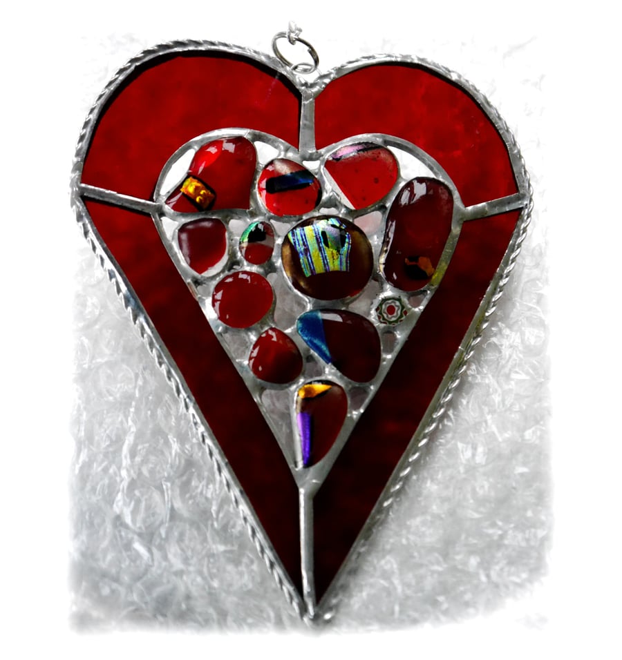 Heart Suncatcher Stained Glass Red Abstract Fused 