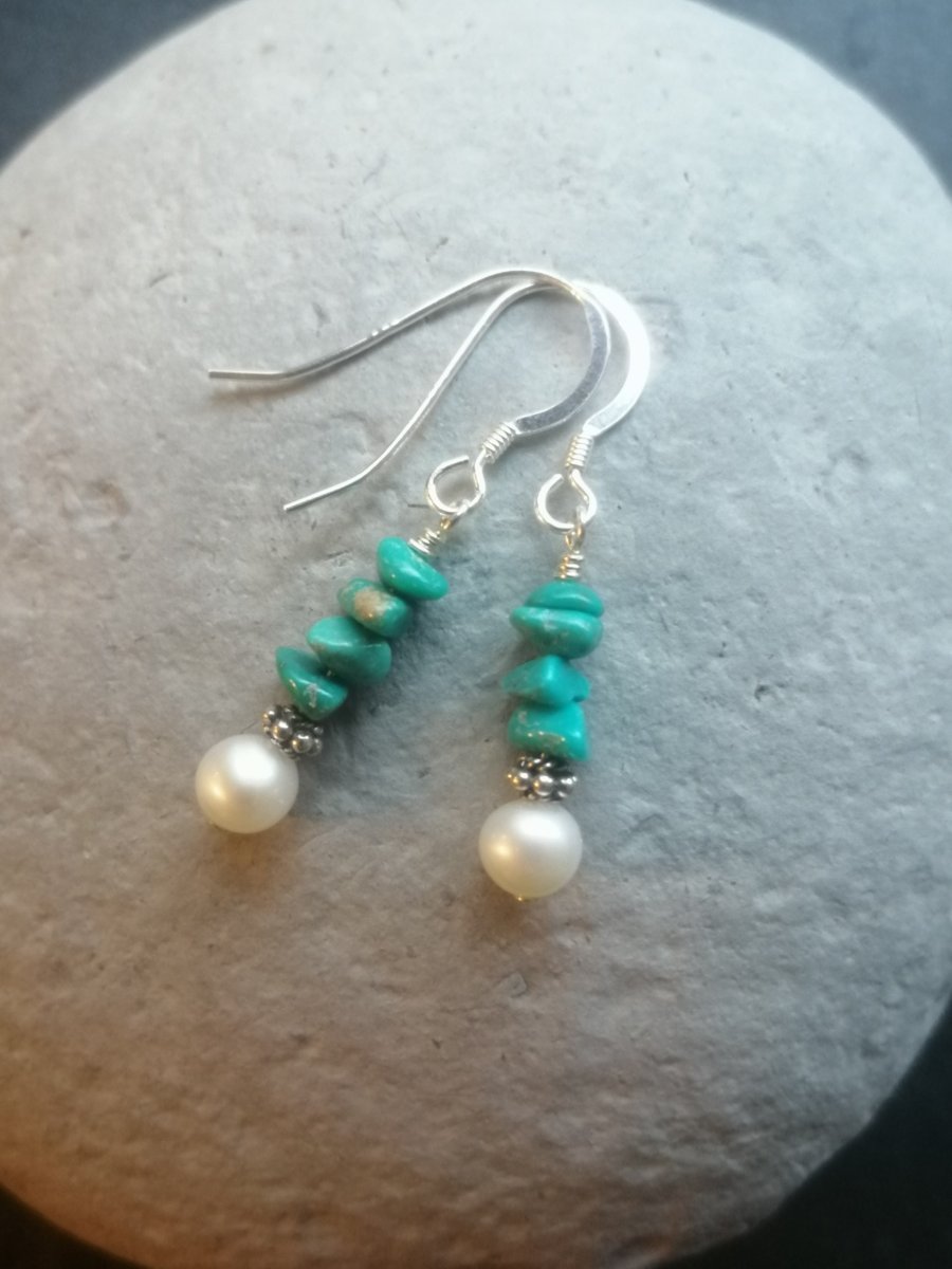 Turquoise chip, pearl and sterling silver earrings