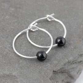 Boho 4mm Tiny Black Onyx Gemstone & 15mm Sterling Silver Hoop Earrings