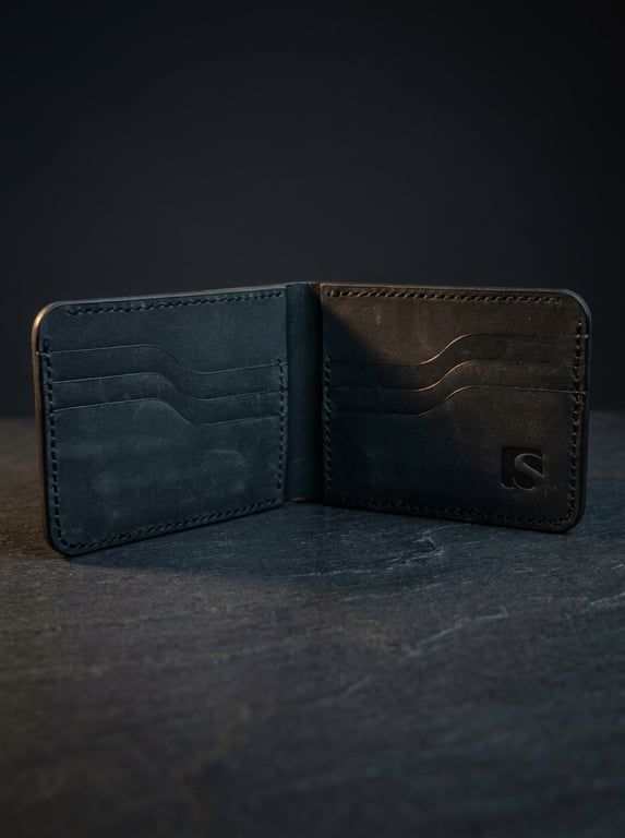 Black Full Grain Leather Bifold Wallet 6 Card Slots Handmade Mens Wallet UK