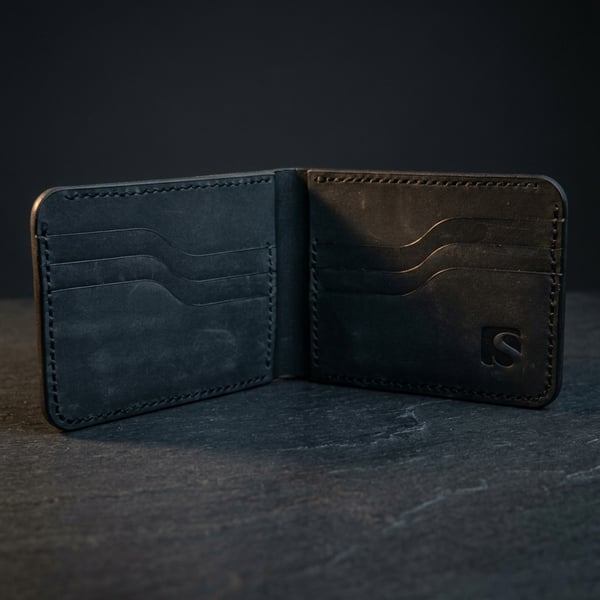 Black Full Grain Leather Bifold Wallet 6 Card Slots Handmade Mens Wallet UK