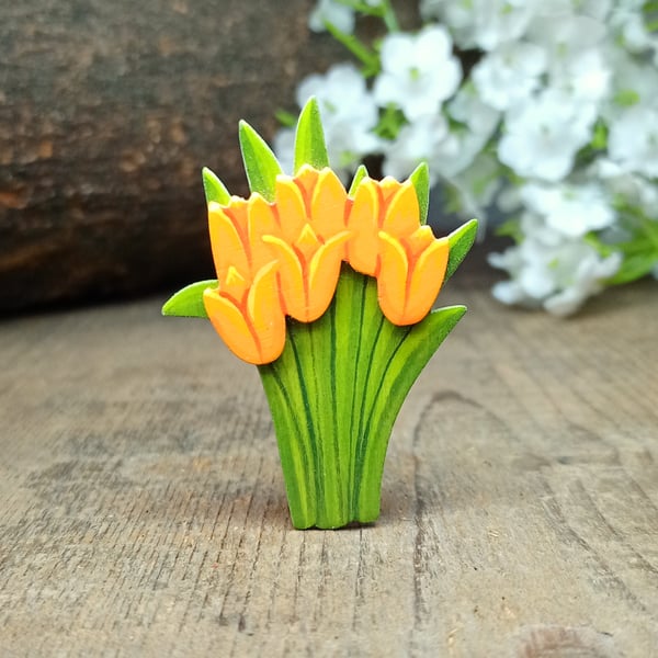 Tulip Gift, Handmade Tulips Brooch Pin, Red Tulip Bouquet, Painted Flowers Badge