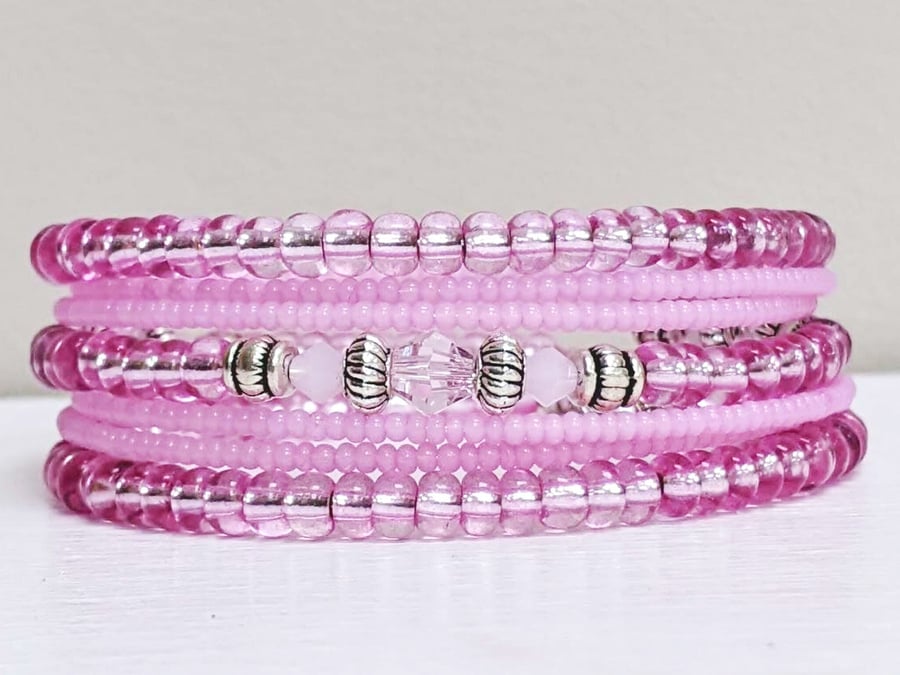 Memory Wire Seed Beaded Bracelet in Baby Pink and Silver