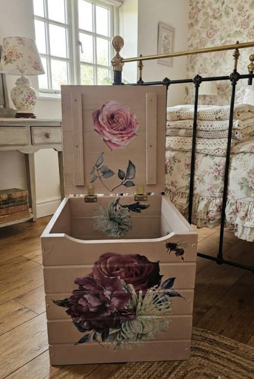 Rustic Shabby Chic Rose Wooden Crate Storage Box Hand Painted & Rose Transfer
